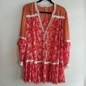 Free People Orange & Red Patchwork Floral Semi Sheer Boho Babydoll Tunic Dress